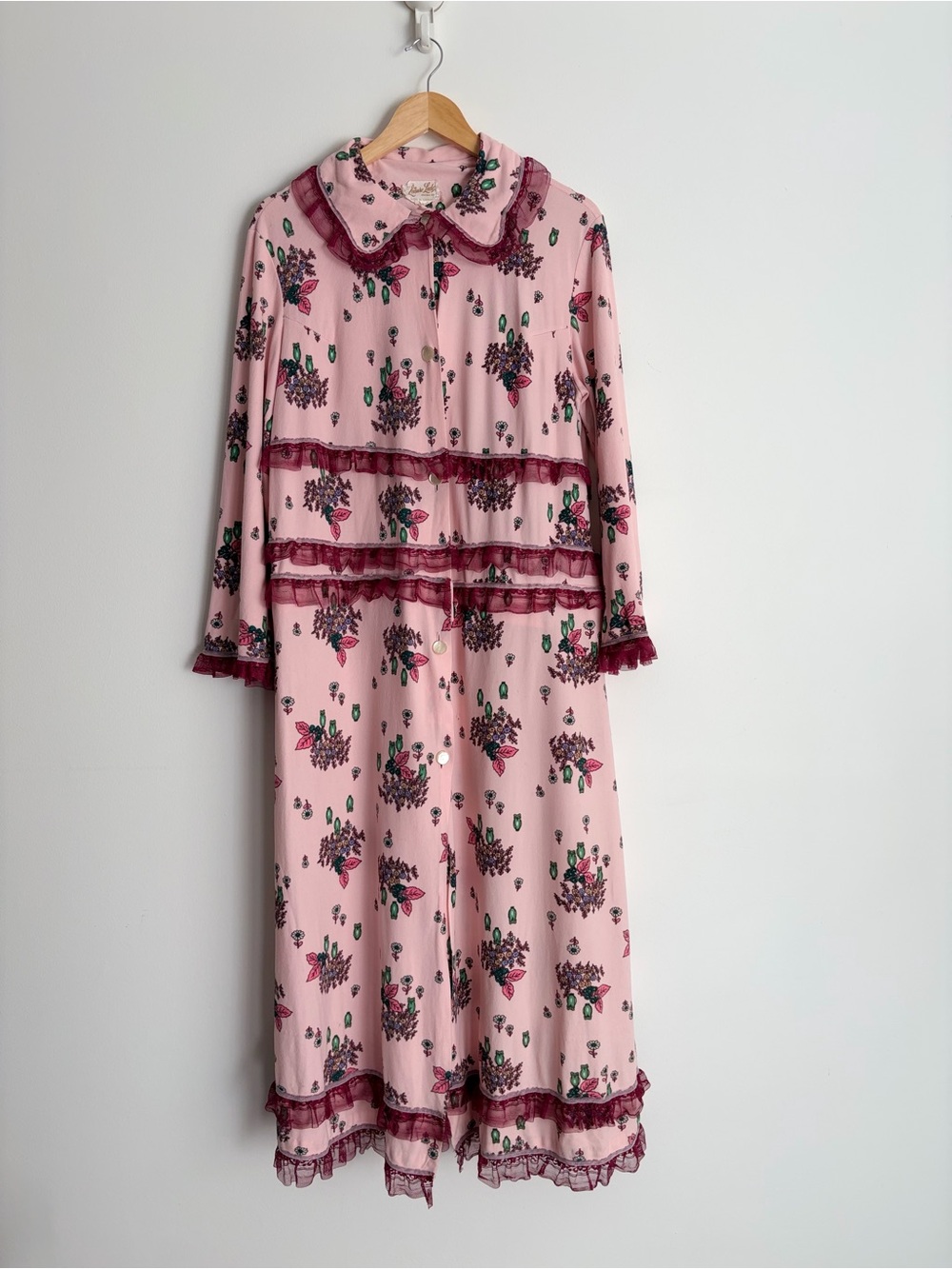 Vintage 1970s Leisure Lady Owl Floral Ruffle Lounge Dress L